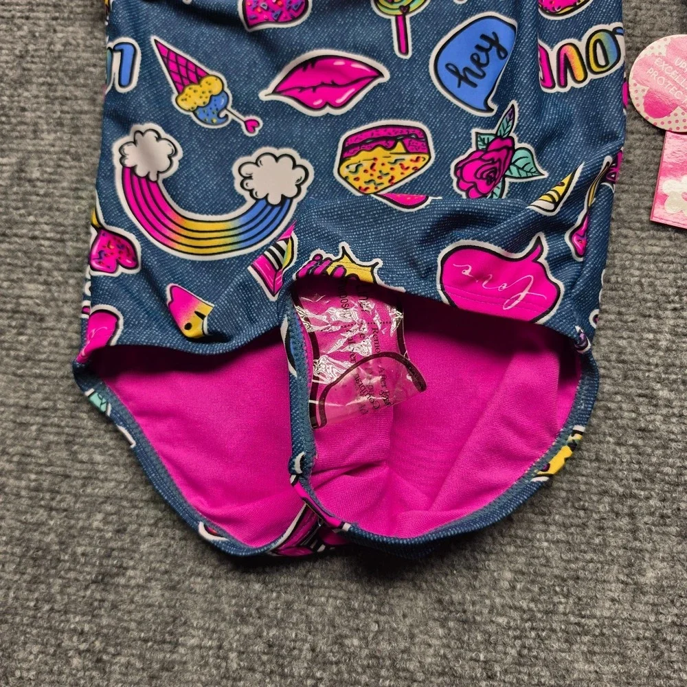 Limited‎ Too Girls Swimsuit 6X Blue Pink Neon Rainbow Pop Art Beach Faux Denim